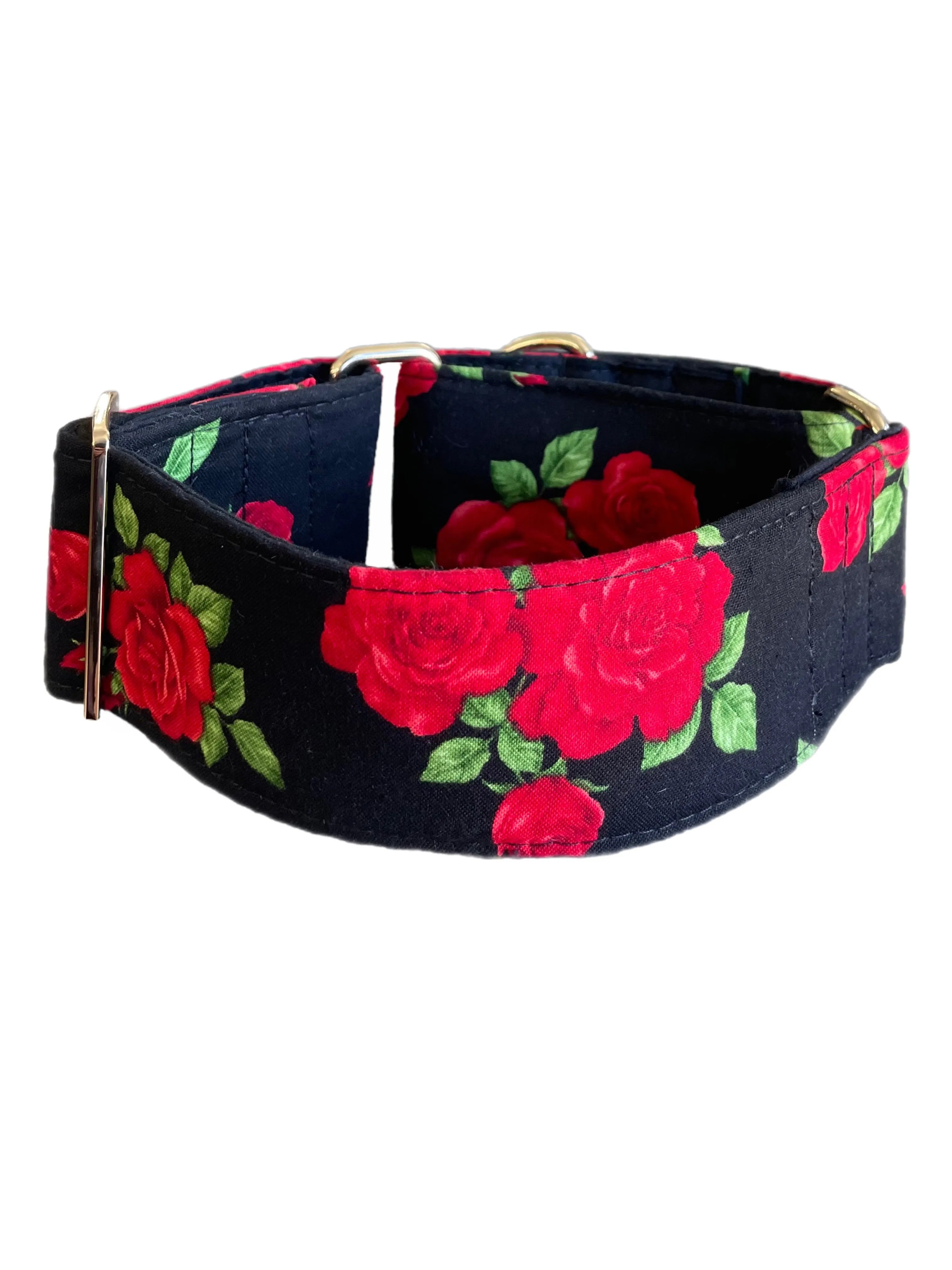 Beautiful red roses on black Martingale collar greyhound 5cms super soft cotton fabric