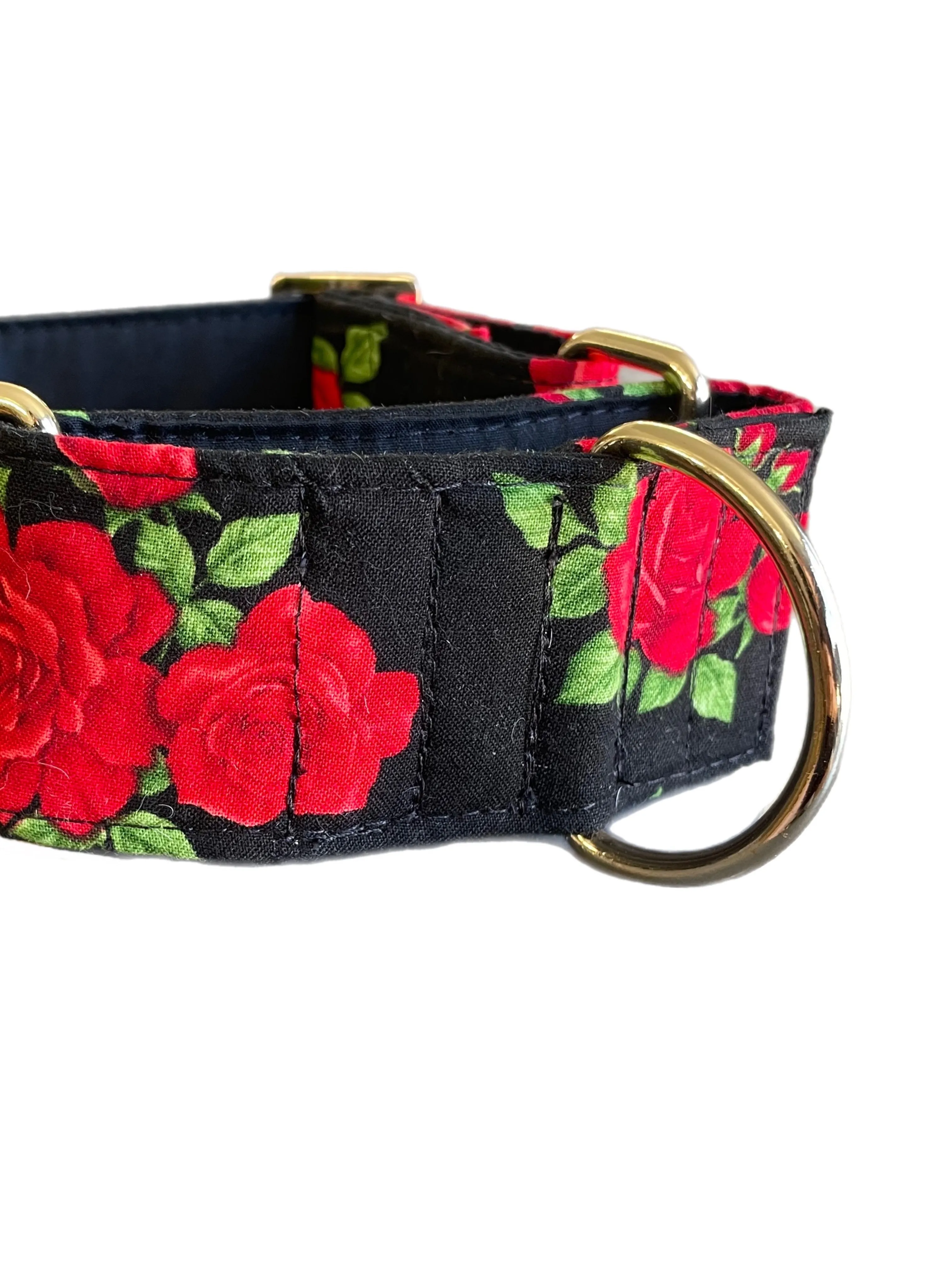 Beautiful red roses on black Martingale collar greyhound 5cms super soft cotton fabric