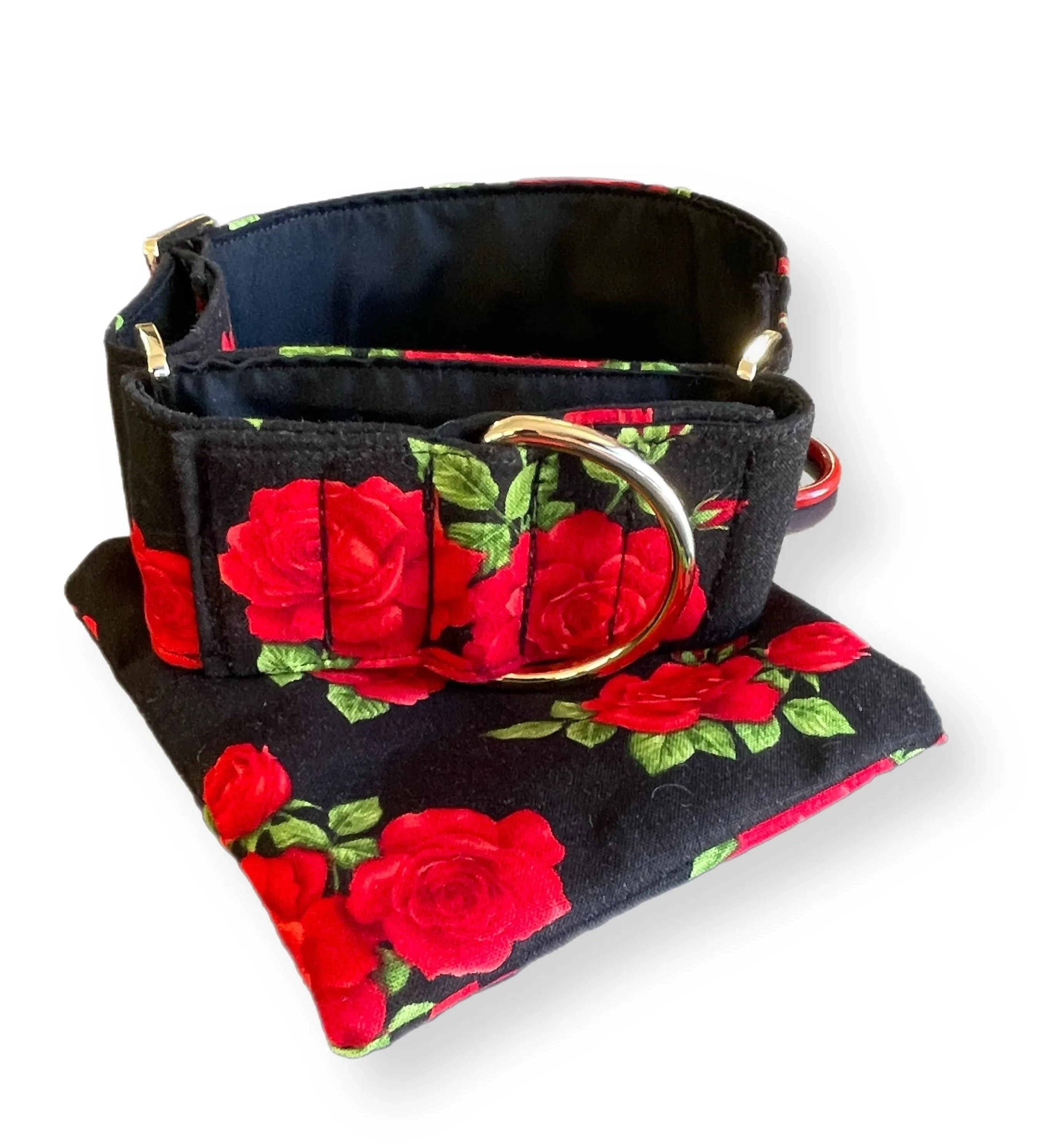 Beautiful red roses on black Martingale collar greyhound 5cms super soft cotton fabric