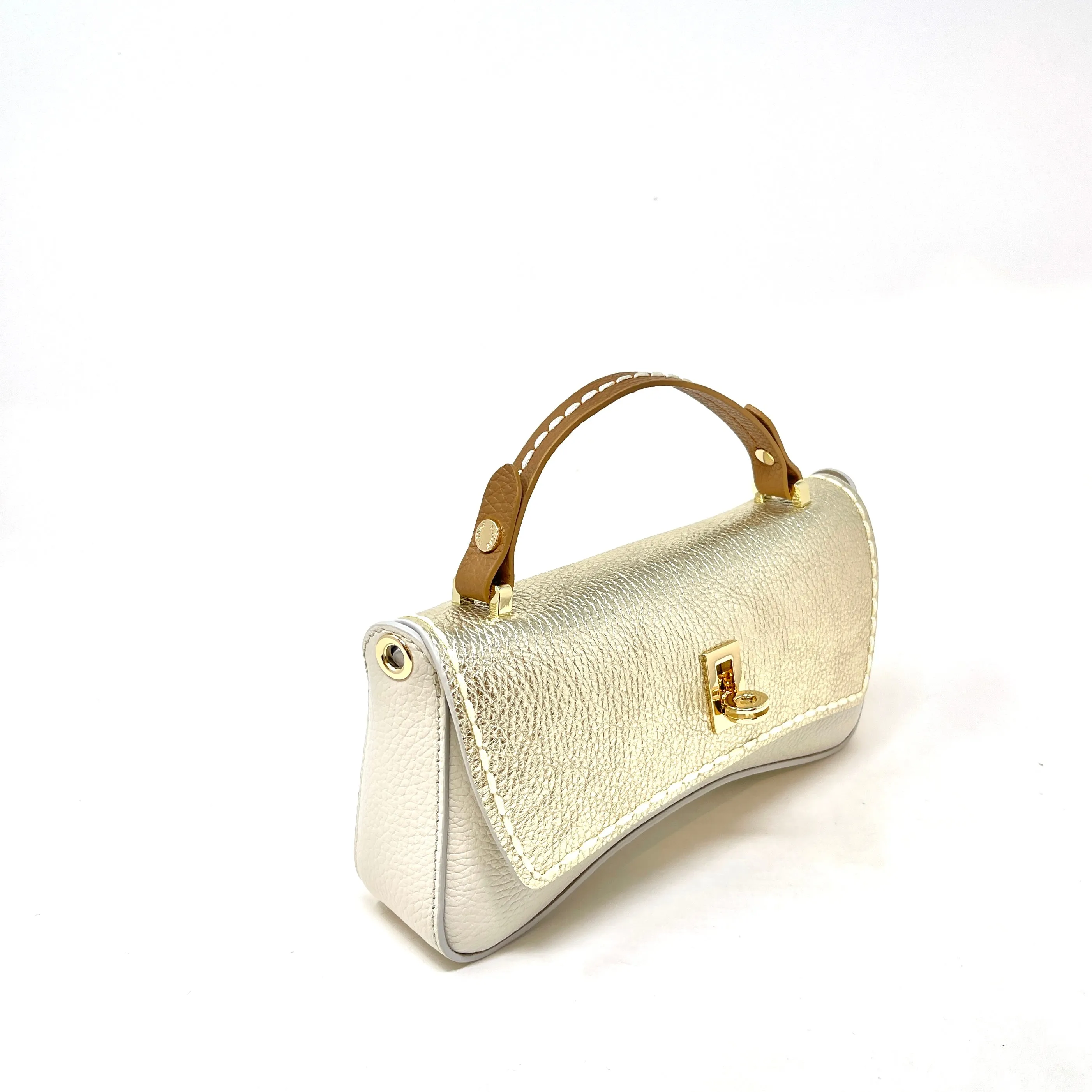 Beige and Gold Contrast Flap Clutch with Shoulder Strap