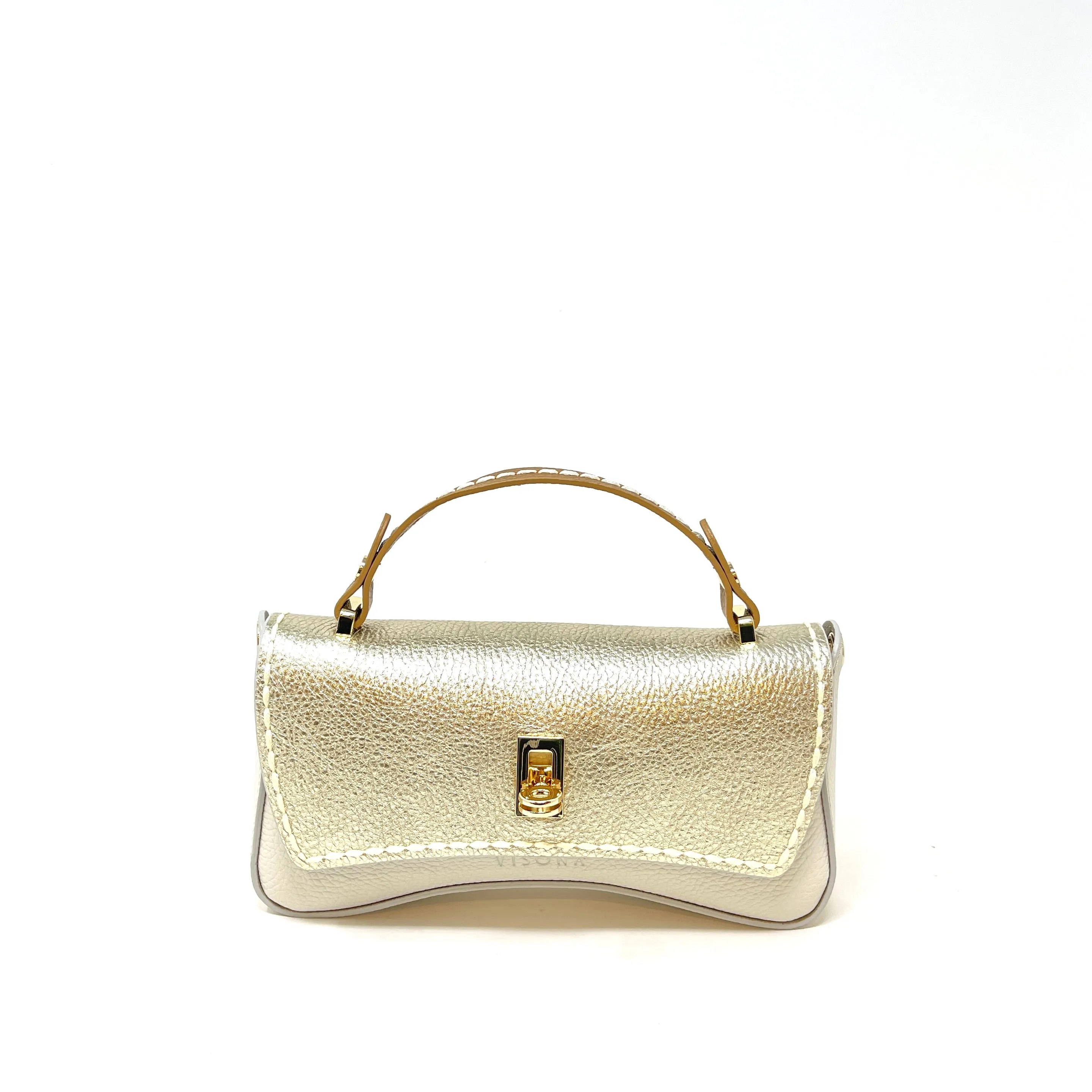 Beige and Gold Contrast Flap Clutch with Shoulder Strap