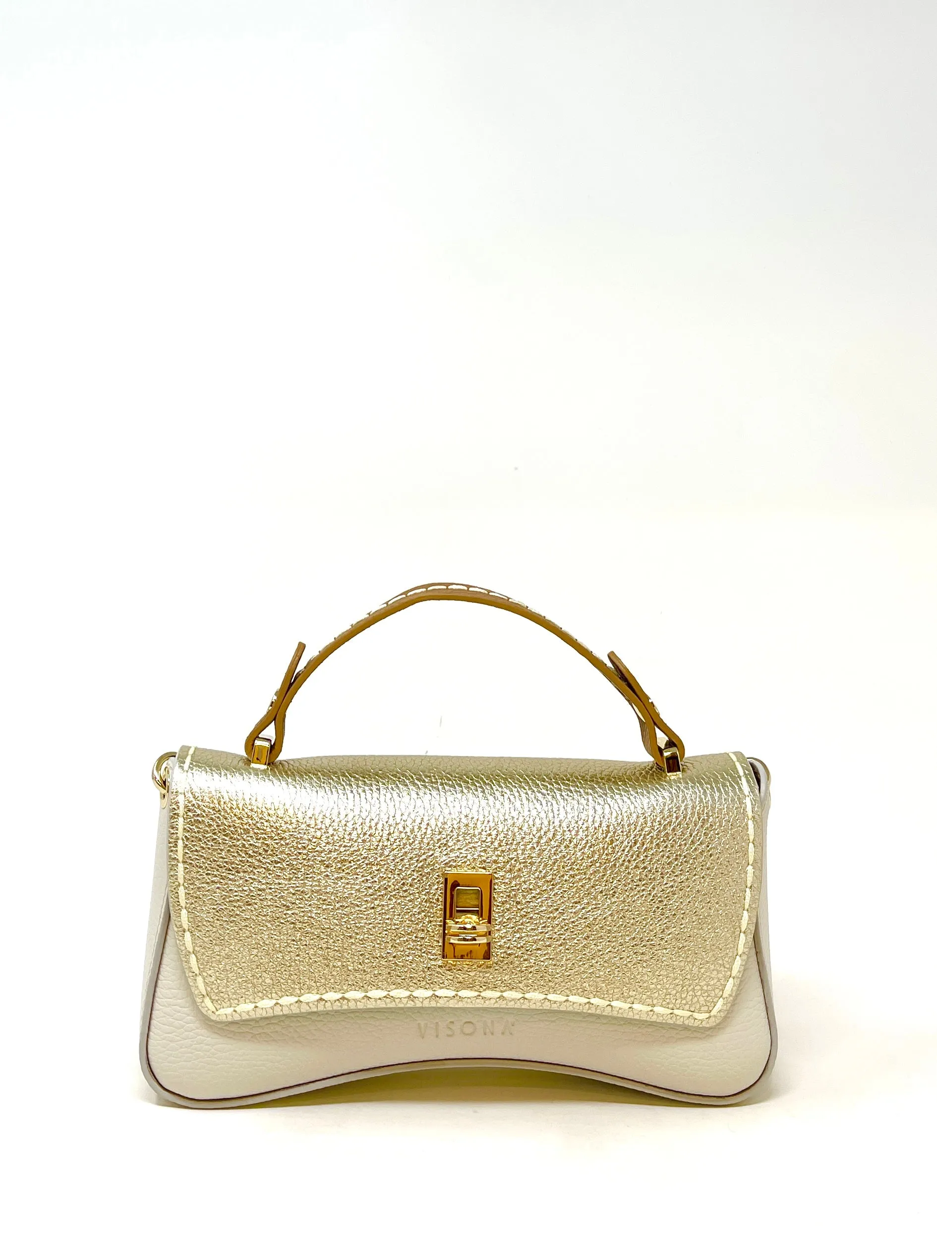 Beige and Gold Contrast Flap Clutch with Shoulder Strap