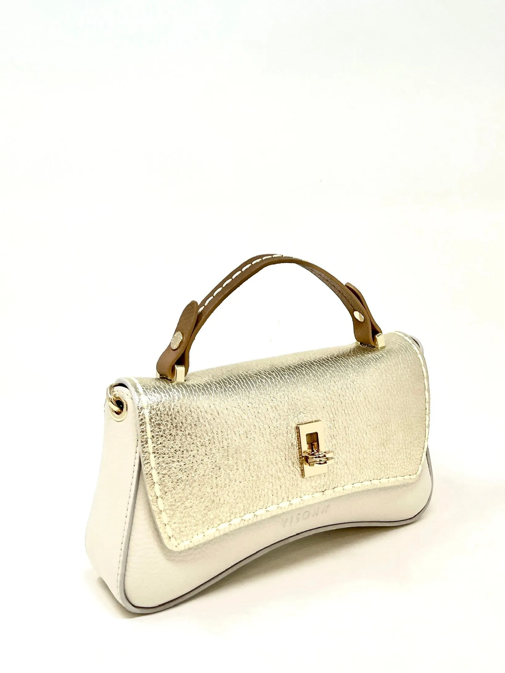 Beige and Gold Contrast Flap Clutch with Shoulder Strap