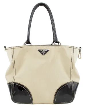 Beige Canvas Tote with Black Patent Leather