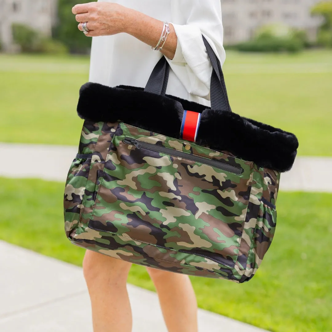 Black Faux Fur Reversible Oversized Tote- Waterproof Satin