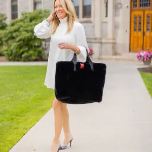 Black Faux Fur Reversible Oversized Tote- Waterproof Satin