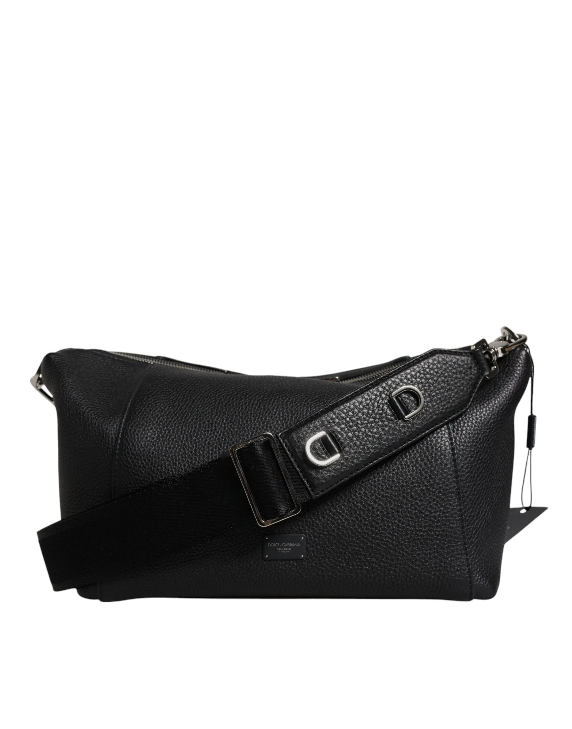 Black Leather Logo Plaque Shoulder Crossbody Bag