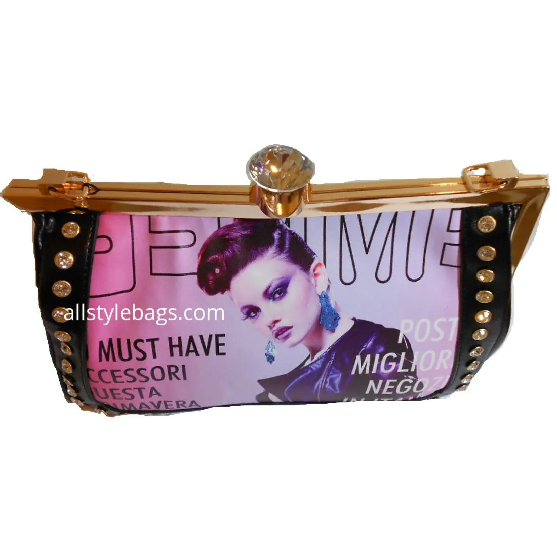 black Magazine image evening clutch satchel shoulder bag rhinestone cover photo