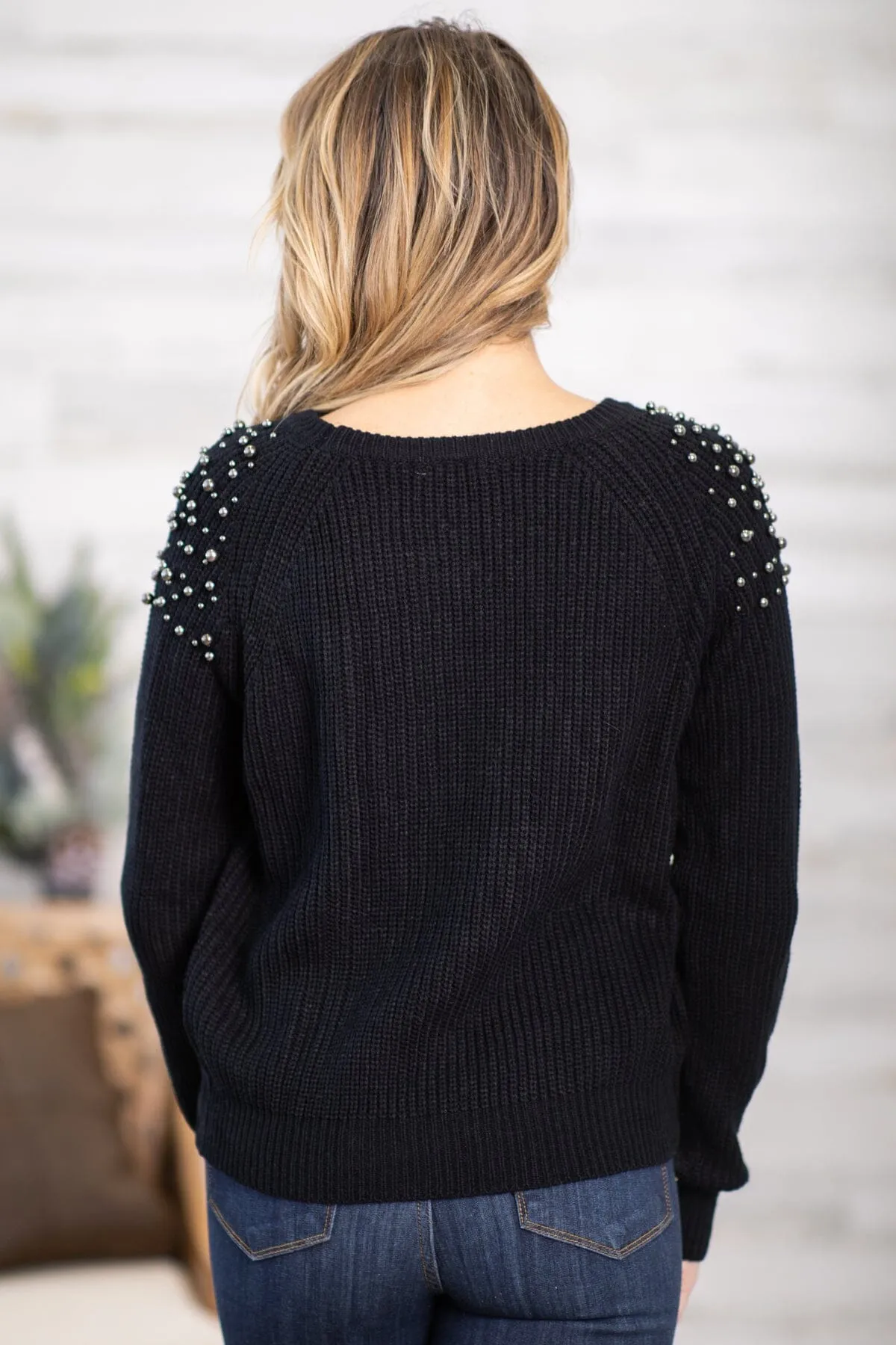 Black Studded Shoulder Sweater