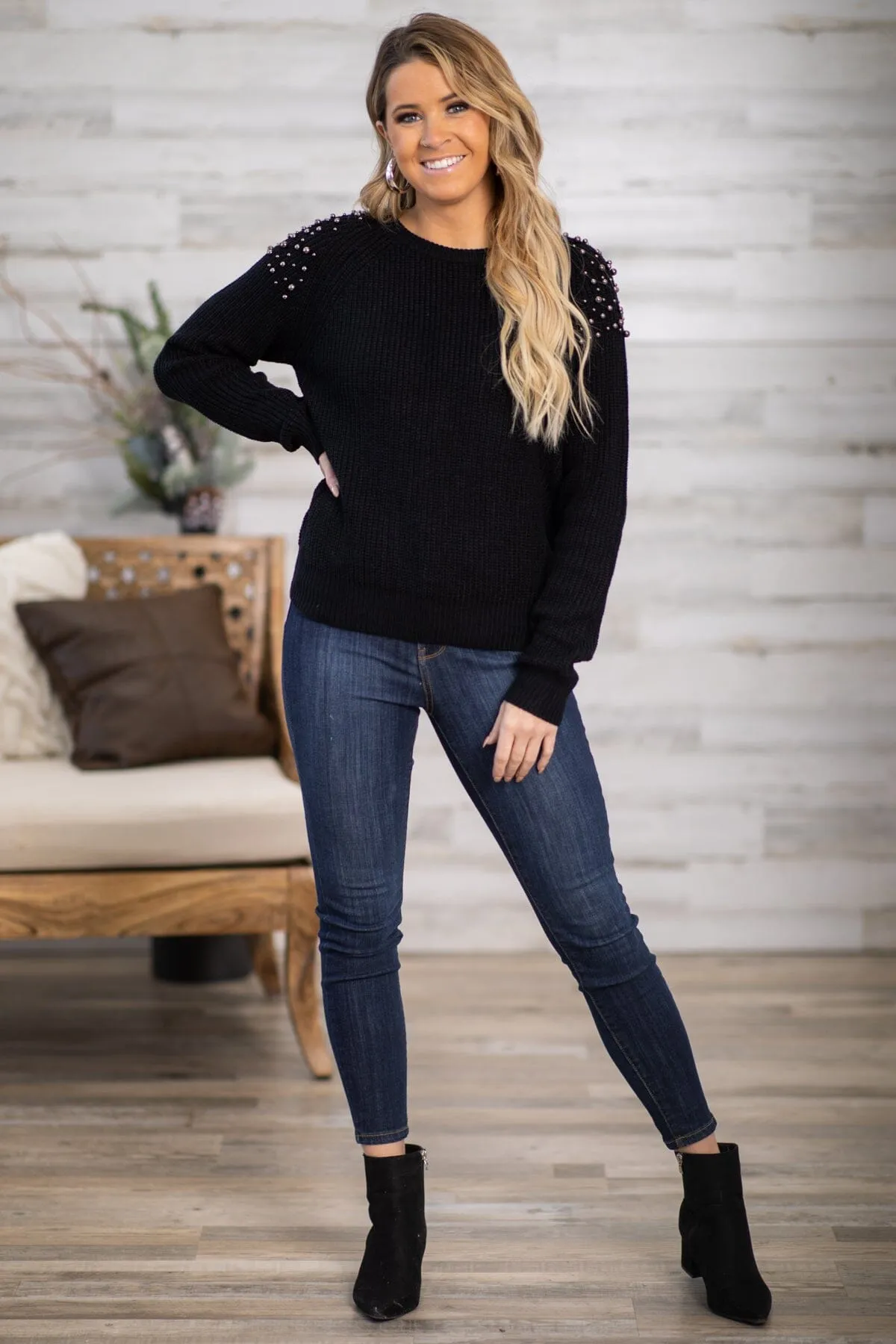 Black Studded Shoulder Sweater