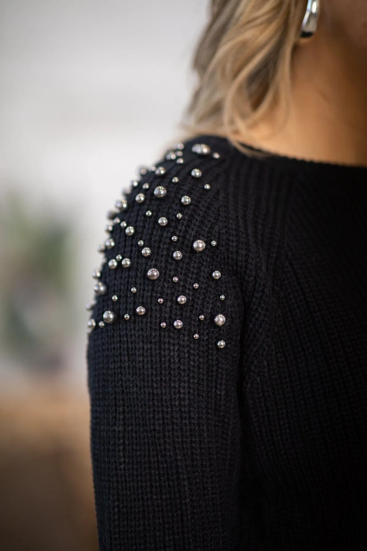Black Studded Shoulder Sweater