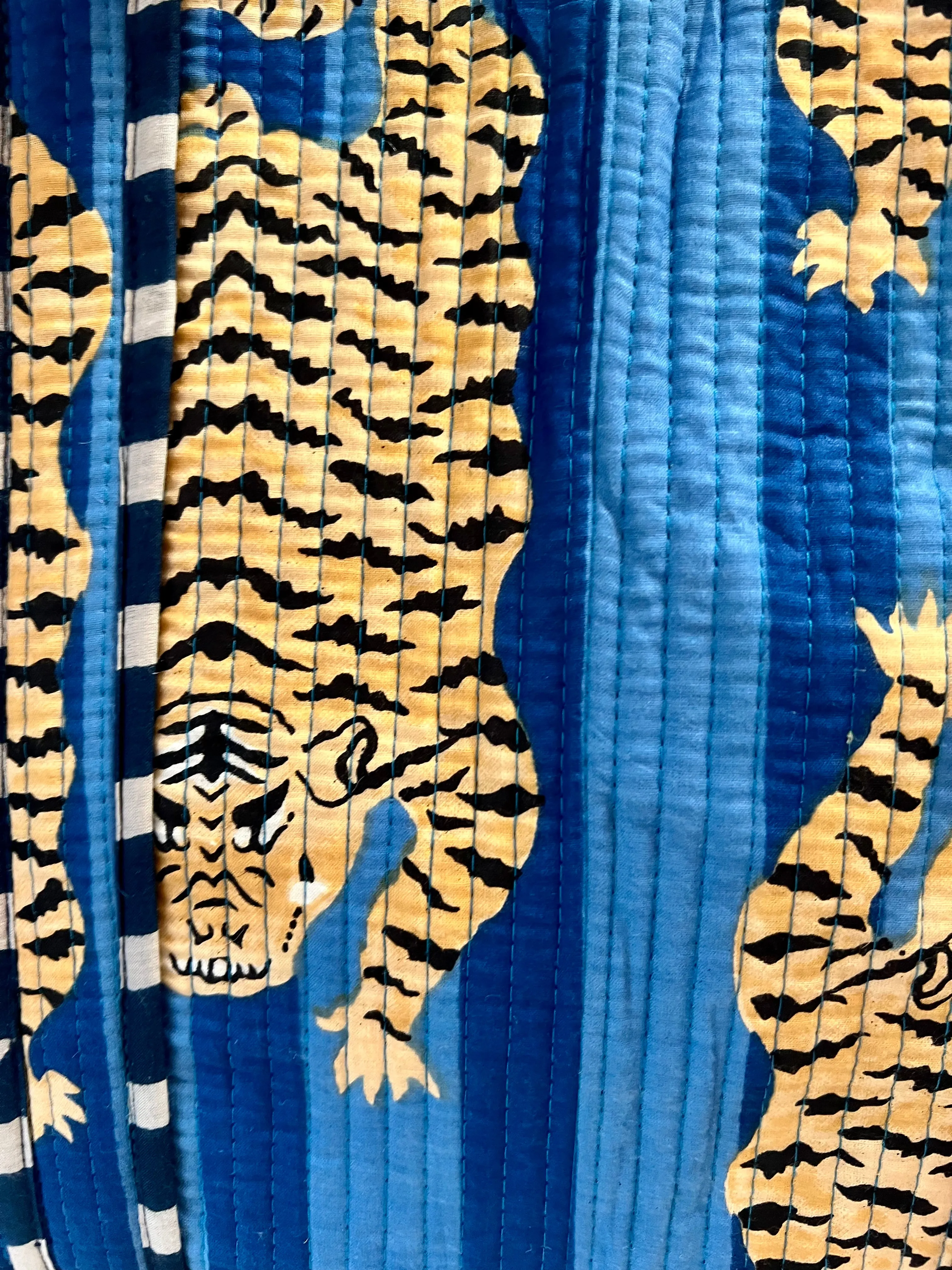 Block Print Tibetan Tiger Tote in Blue Stripe