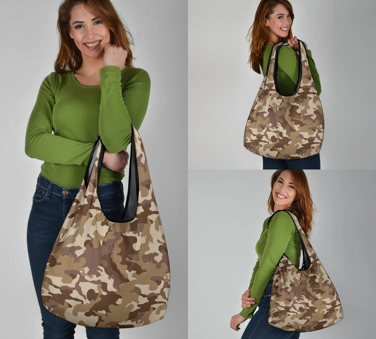 Brown Camouflage Reusable Grocery Shopping Bags Camo Pattern Pack of 3