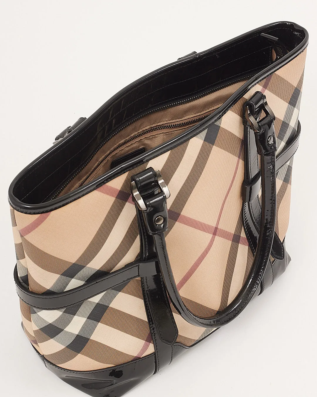 Burberry Beige Nova Check Coated Canvas & Patent Leather Tote Bag