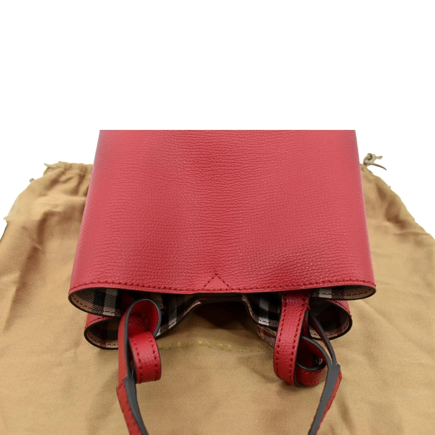 BURBERRY Reversible Haymarket Check Leather Bucket Crossbody Bag Red