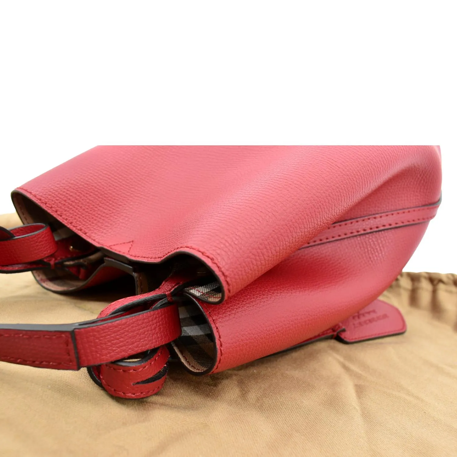 BURBERRY Reversible Haymarket Check Leather Bucket Crossbody Bag Red