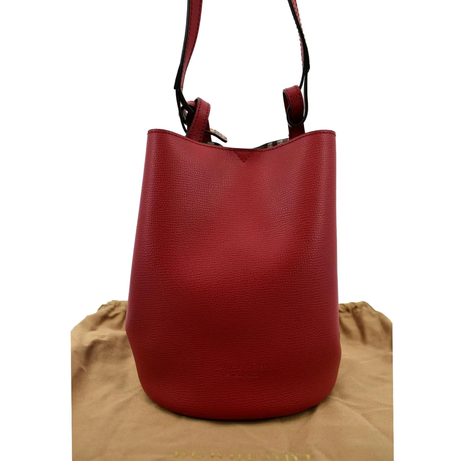 BURBERRY Reversible Haymarket Check Leather Bucket Crossbody Bag Red