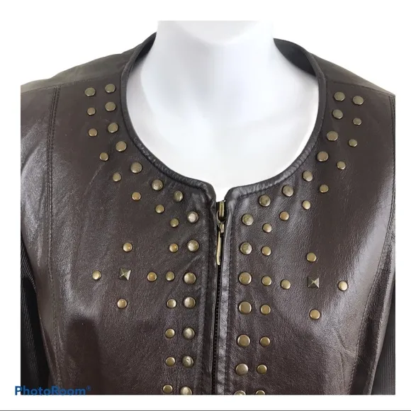 Butter Soft Leather Studded Knit Jacket Medium Brown Zip Front