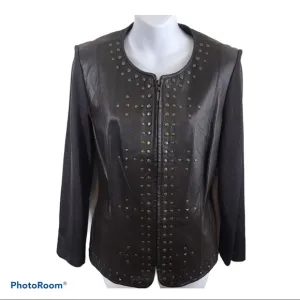Butter Soft Leather Studded Knit Jacket Medium Brown Zip Front