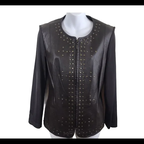 Butter Soft Leather Studded Knit Jacket Medium Brown Zip Front