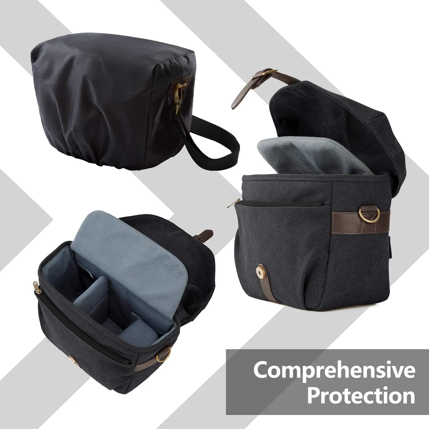 Camera Bag, SLR DSLR Canvas Crossbody Camera Case, Compact Camera Shoulder Bag with Rain Cover for Women and Men, Black