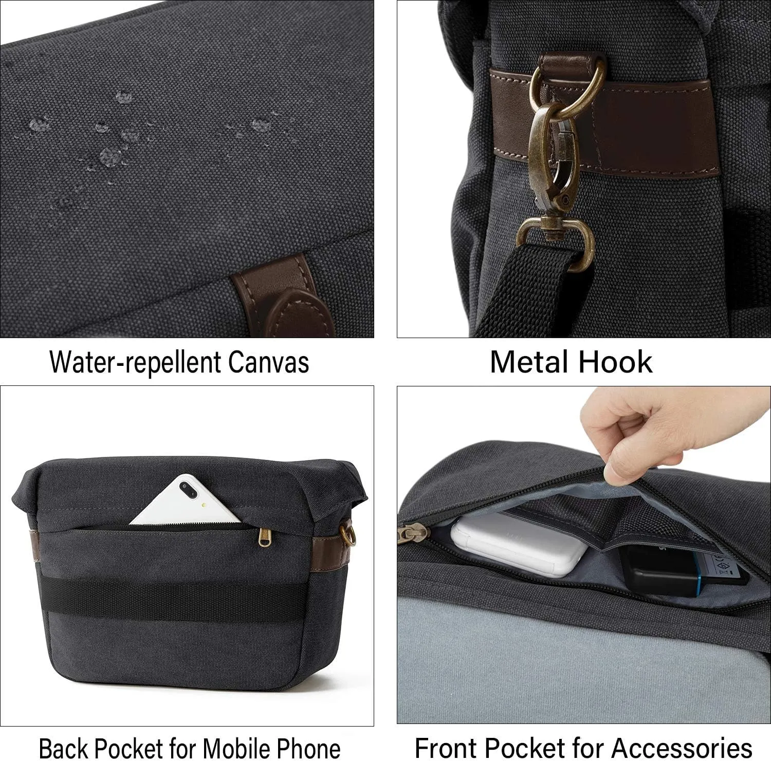 Camera Bag, SLR DSLR Canvas Crossbody Camera Case, Compact Camera Shoulder Bag with Rain Cover for Women and Men, Black
