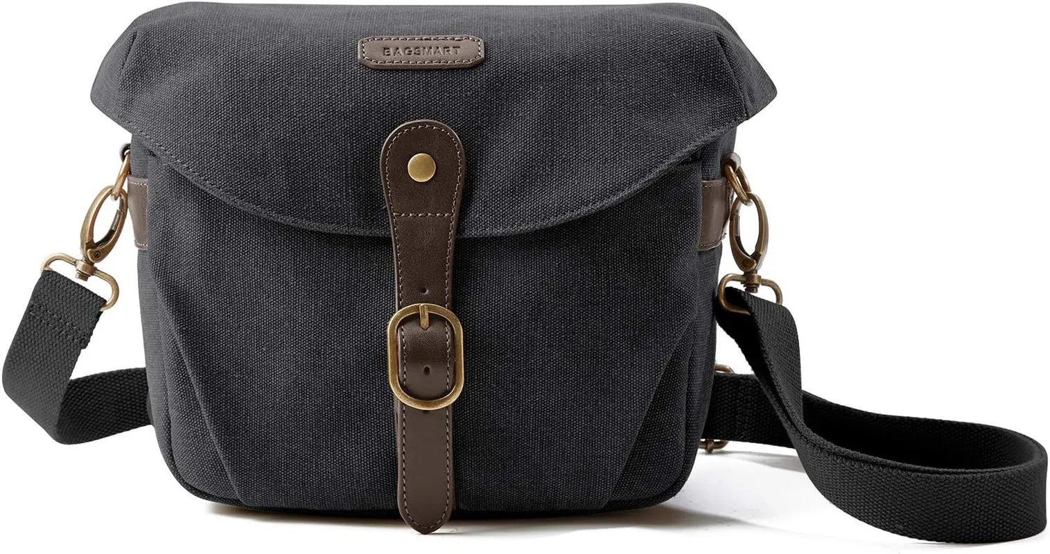 Camera Bag, SLR DSLR Canvas Crossbody Camera Case, Compact Camera Shoulder Bag with Rain Cover for Women and Men, Black