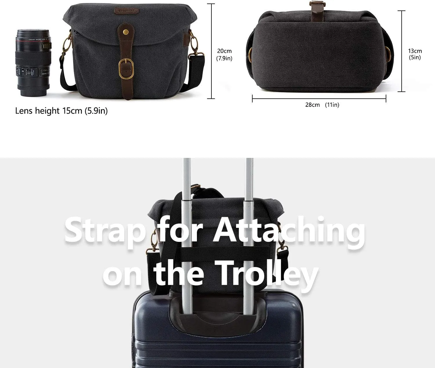 Camera Bag, SLR DSLR Canvas Crossbody Camera Case, Compact Camera Shoulder Bag with Rain Cover for Women and Men, Black