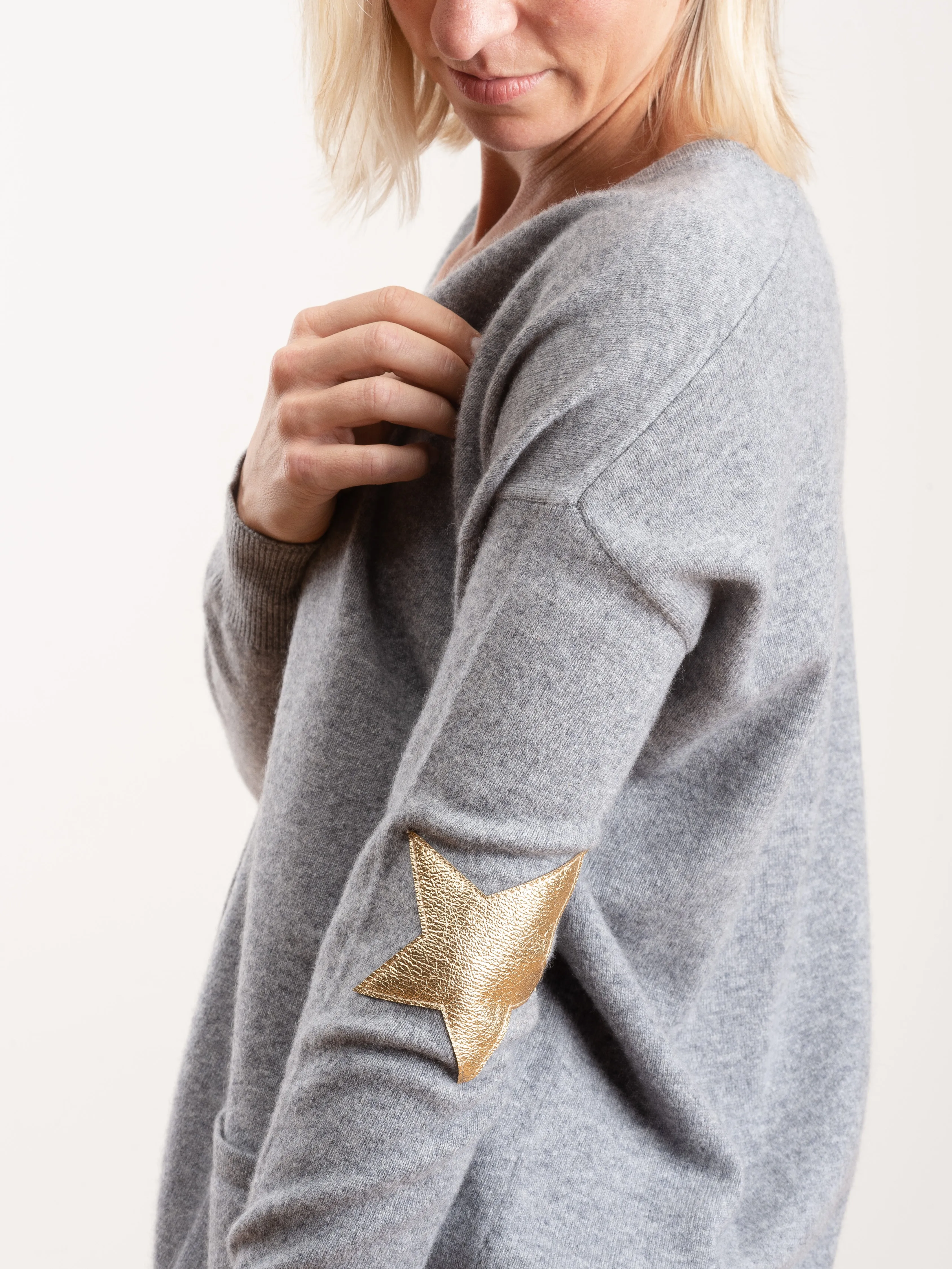 cardigan with star elbow - grey/gold