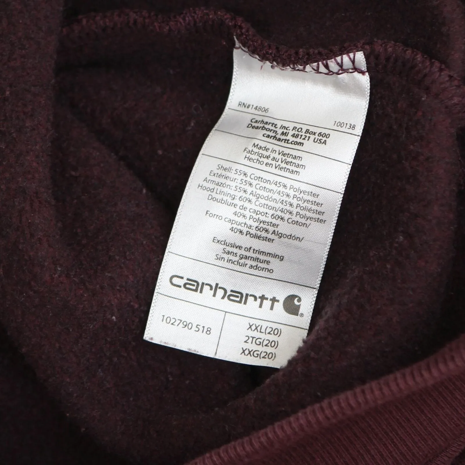 Carhartt Mens Relaxed Fit Fleece Pullover Hoodie Sweatshirt Maroon Red XXL