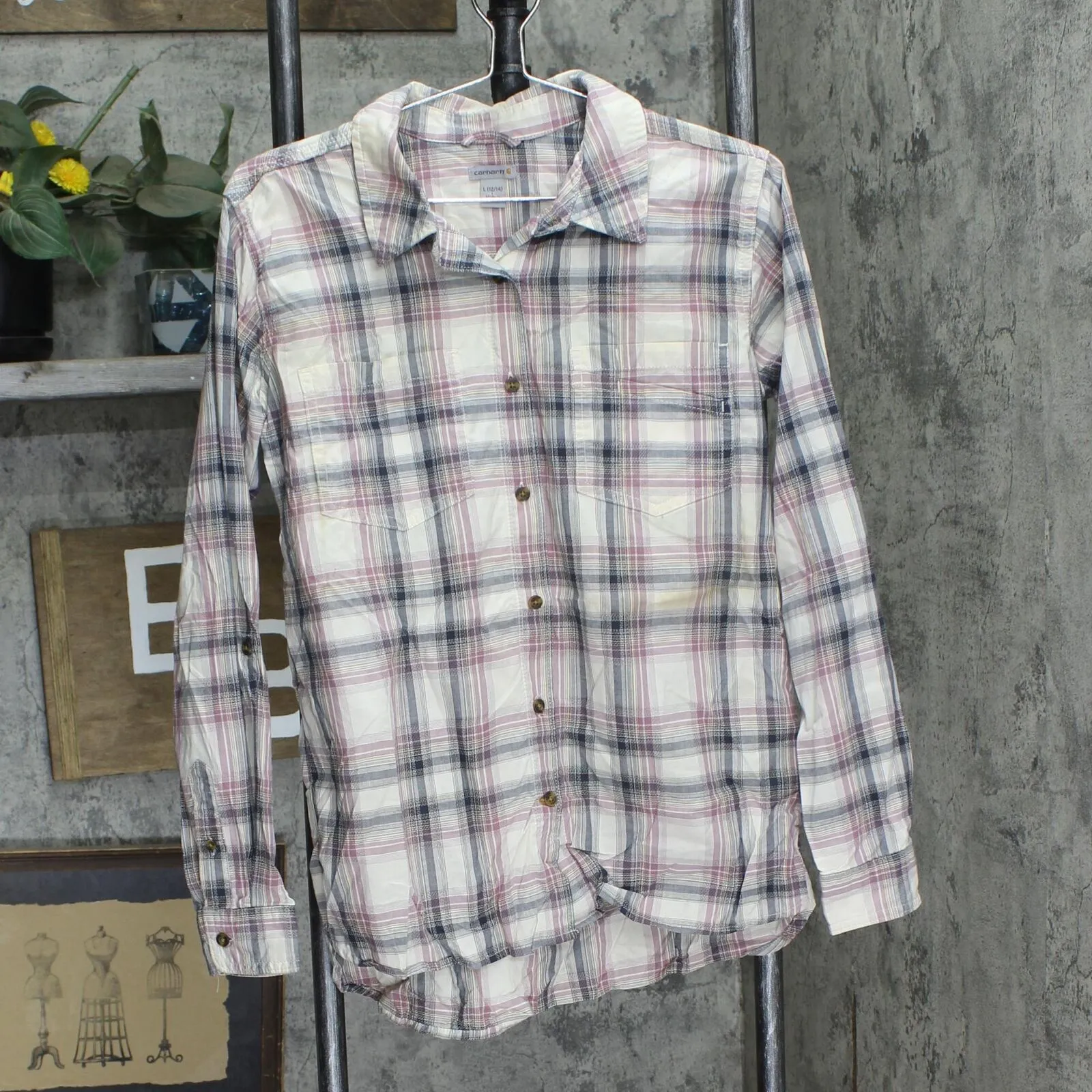 Carhartt Womens Button Up Long Sleeve Shirt Purple Multi Plaid L (12/14)