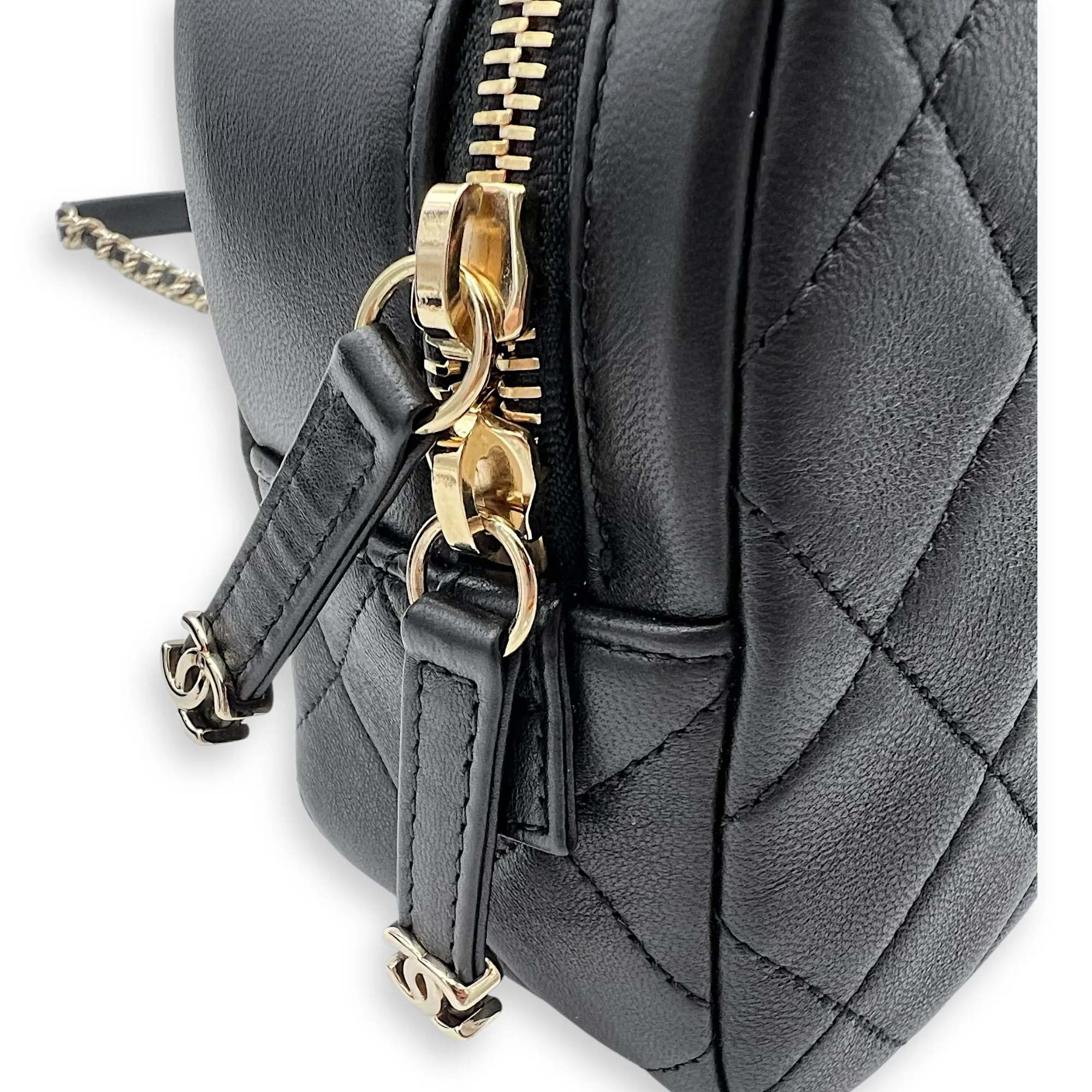 CC Camera Studded Black Shoulder Bag in Lambskin, Gold hardware