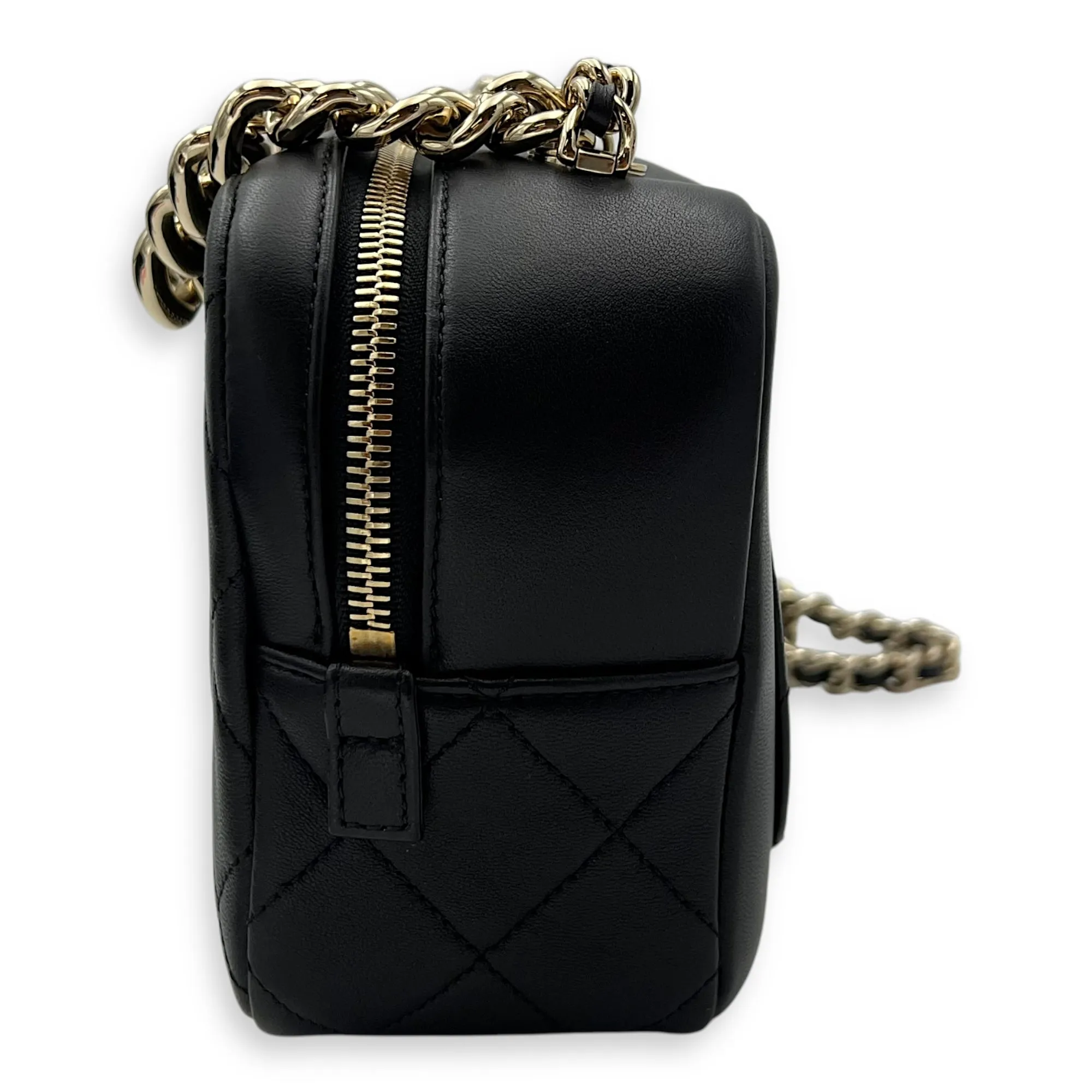 CC Camera Studded Black Shoulder Bag in Lambskin, Gold hardware