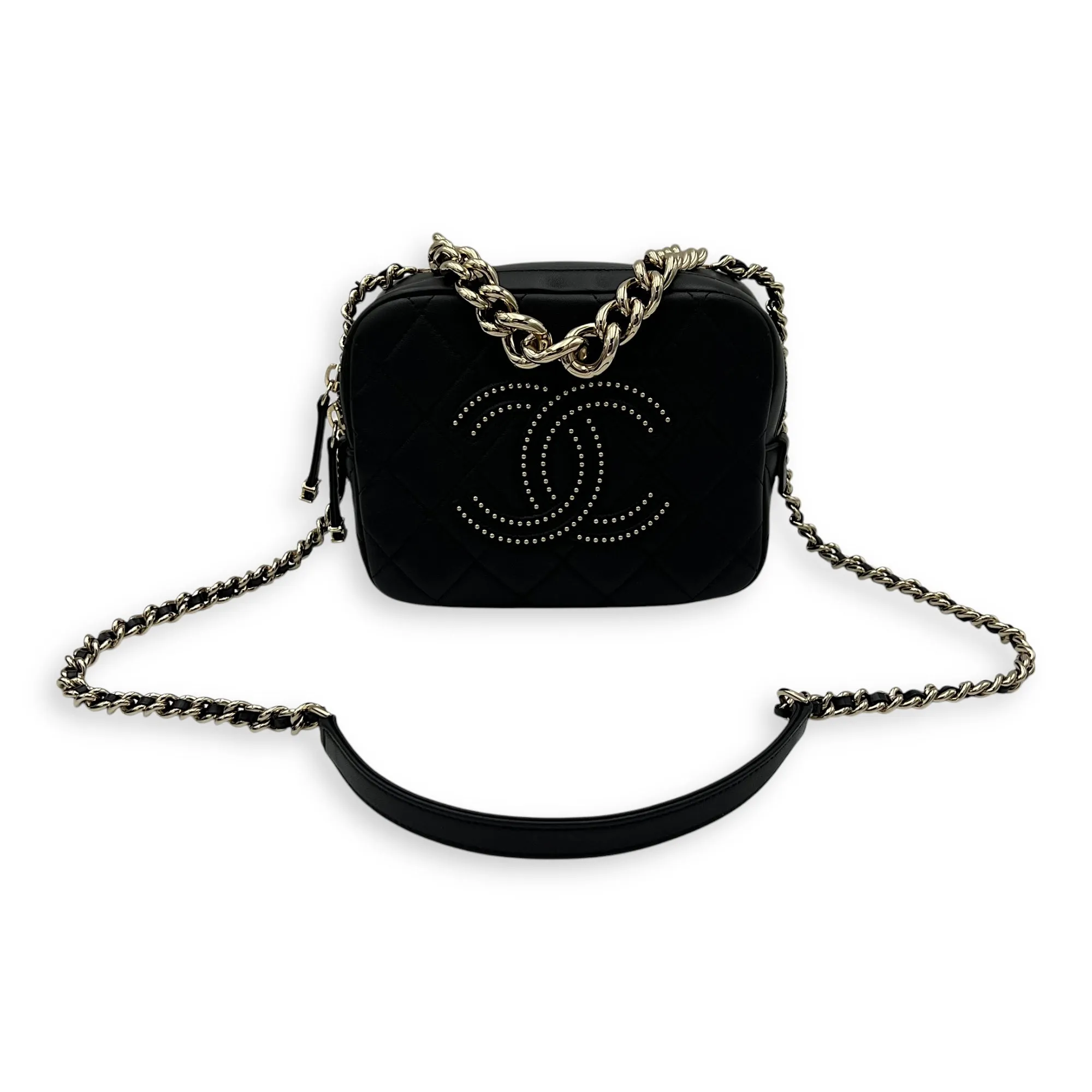 CC Camera Studded Black Shoulder Bag in Lambskin, Gold hardware