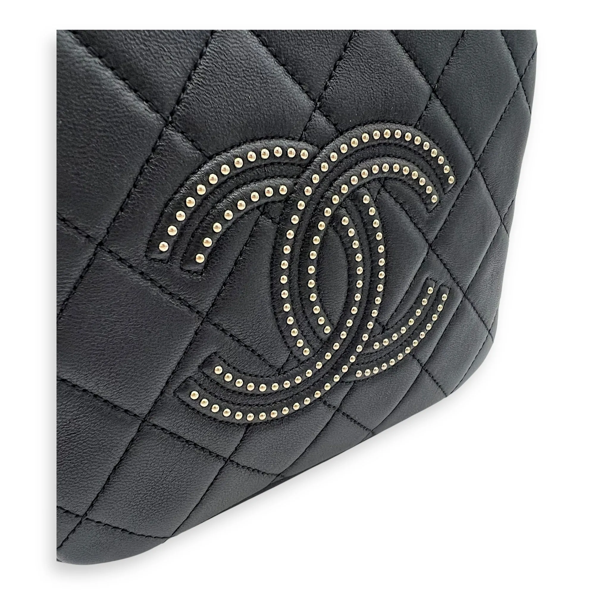 CC Camera Studded Black Shoulder Bag in Lambskin, Gold hardware