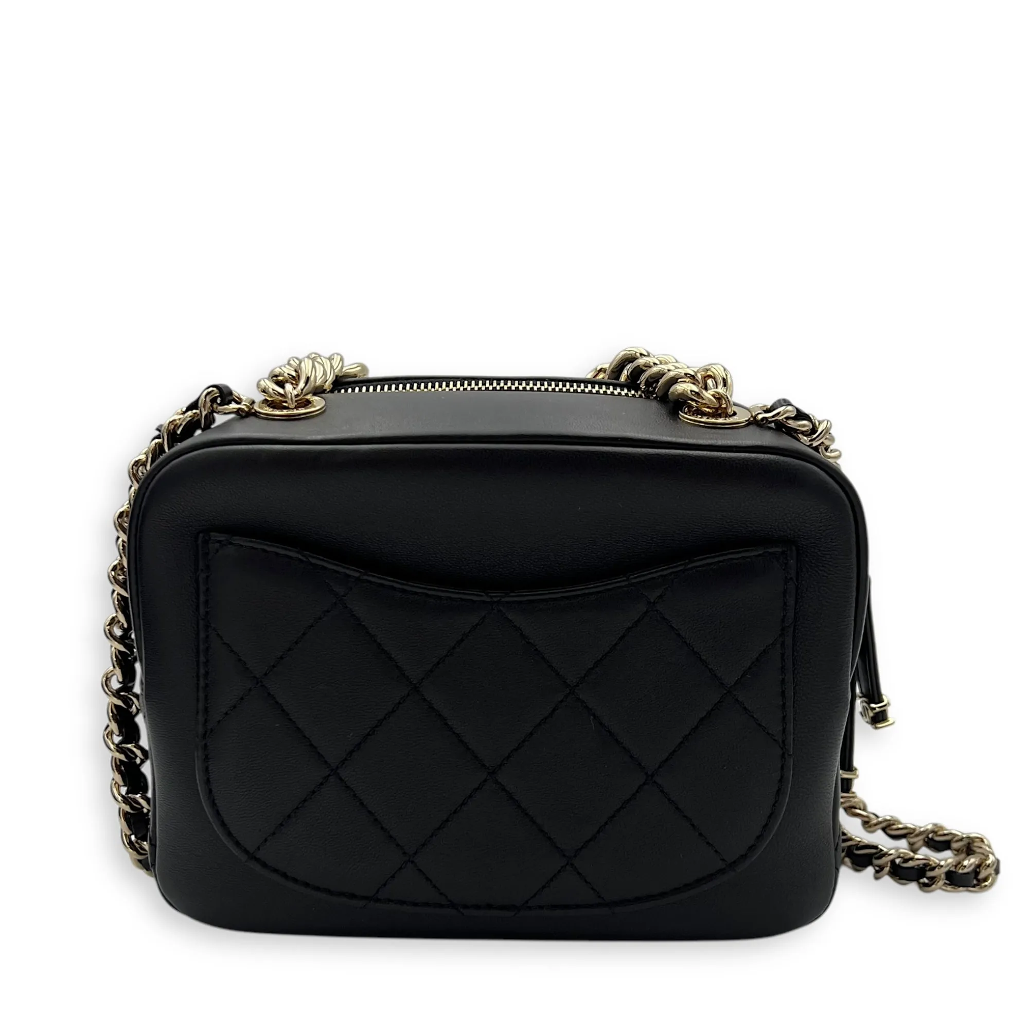 CC Camera Studded Black Shoulder Bag in Lambskin, Gold hardware