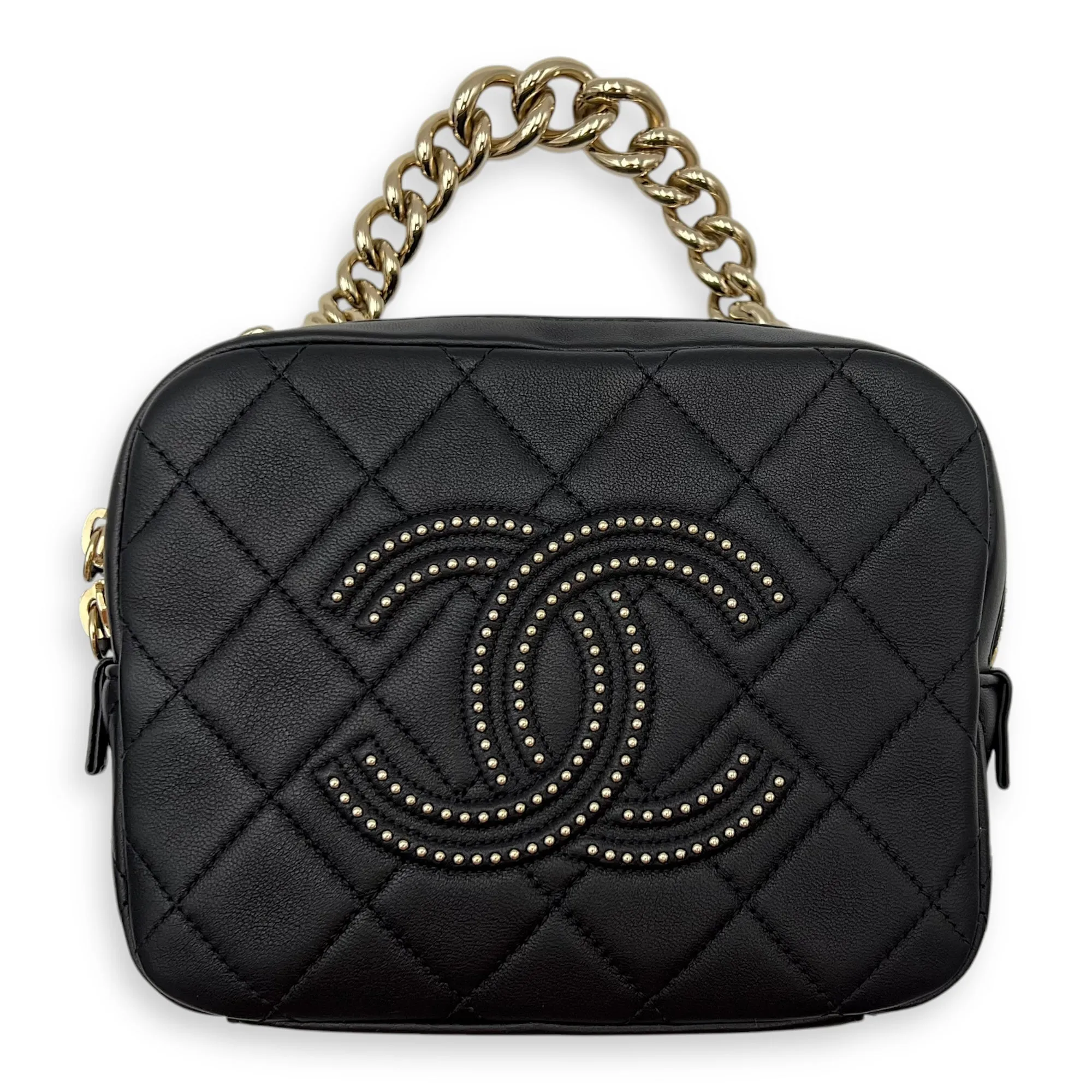 CC Camera Studded Black Shoulder Bag in Lambskin, Gold hardware