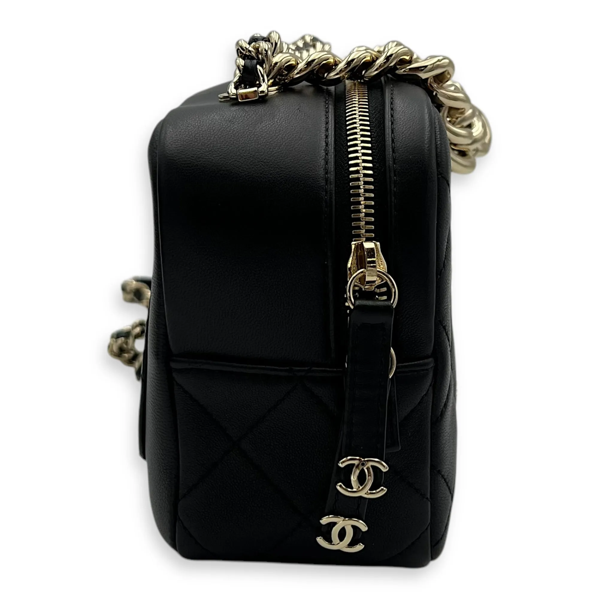 CC Camera Studded Black Shoulder Bag in Lambskin, Gold hardware