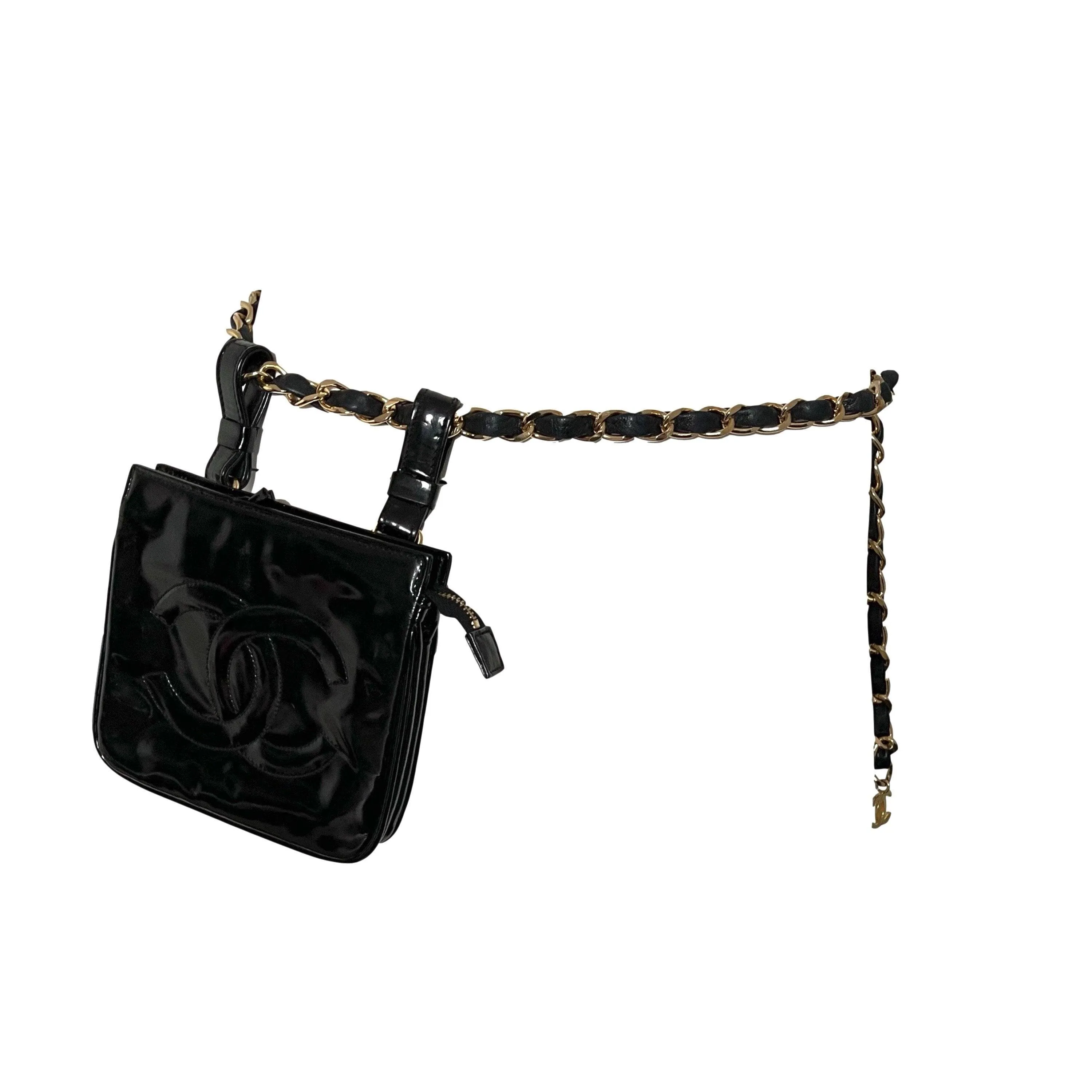 Chanel Black Logo Patent Belt Bag