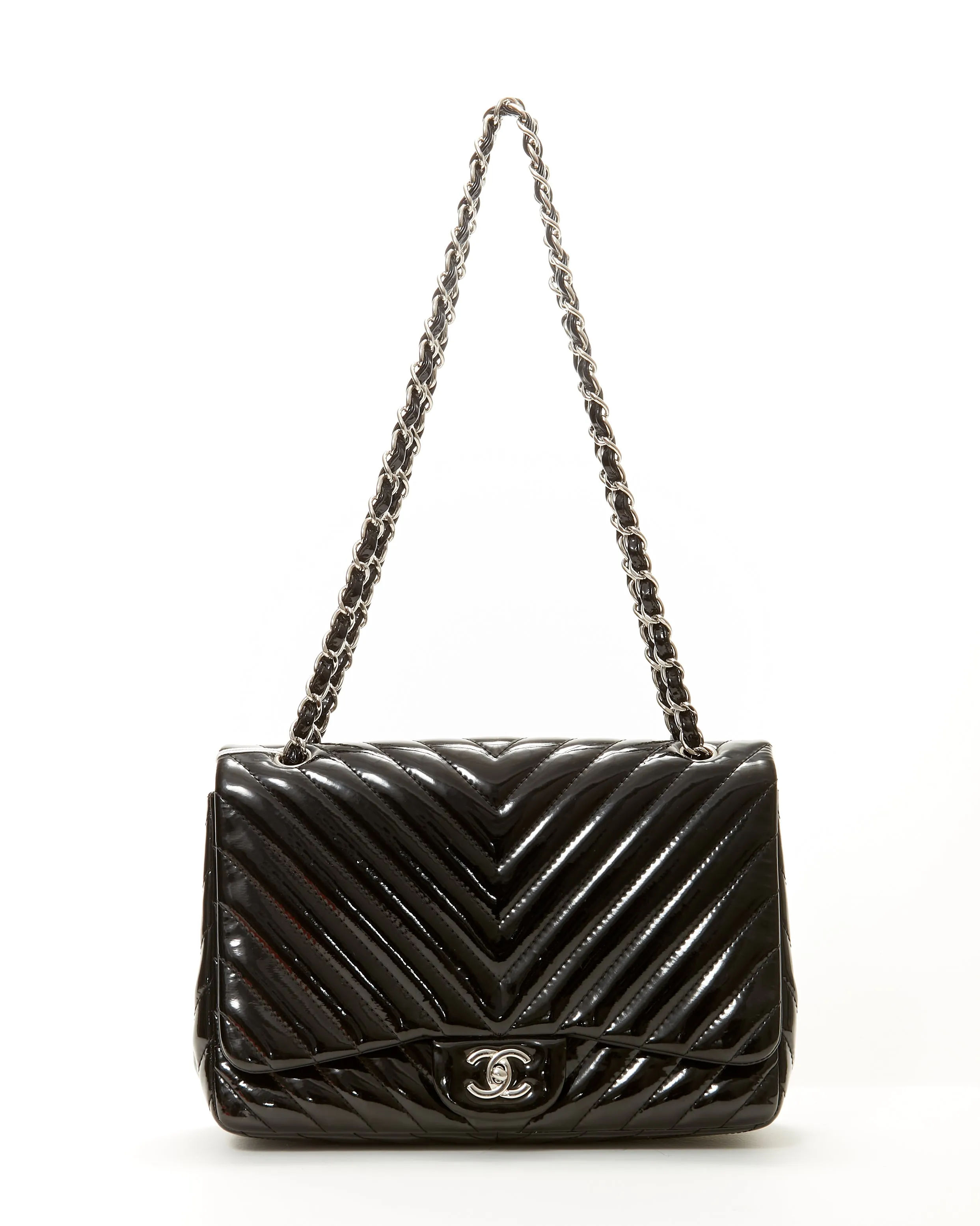 Chanel Black Patent Leather Chevron Jumbo Single Flap Bag
