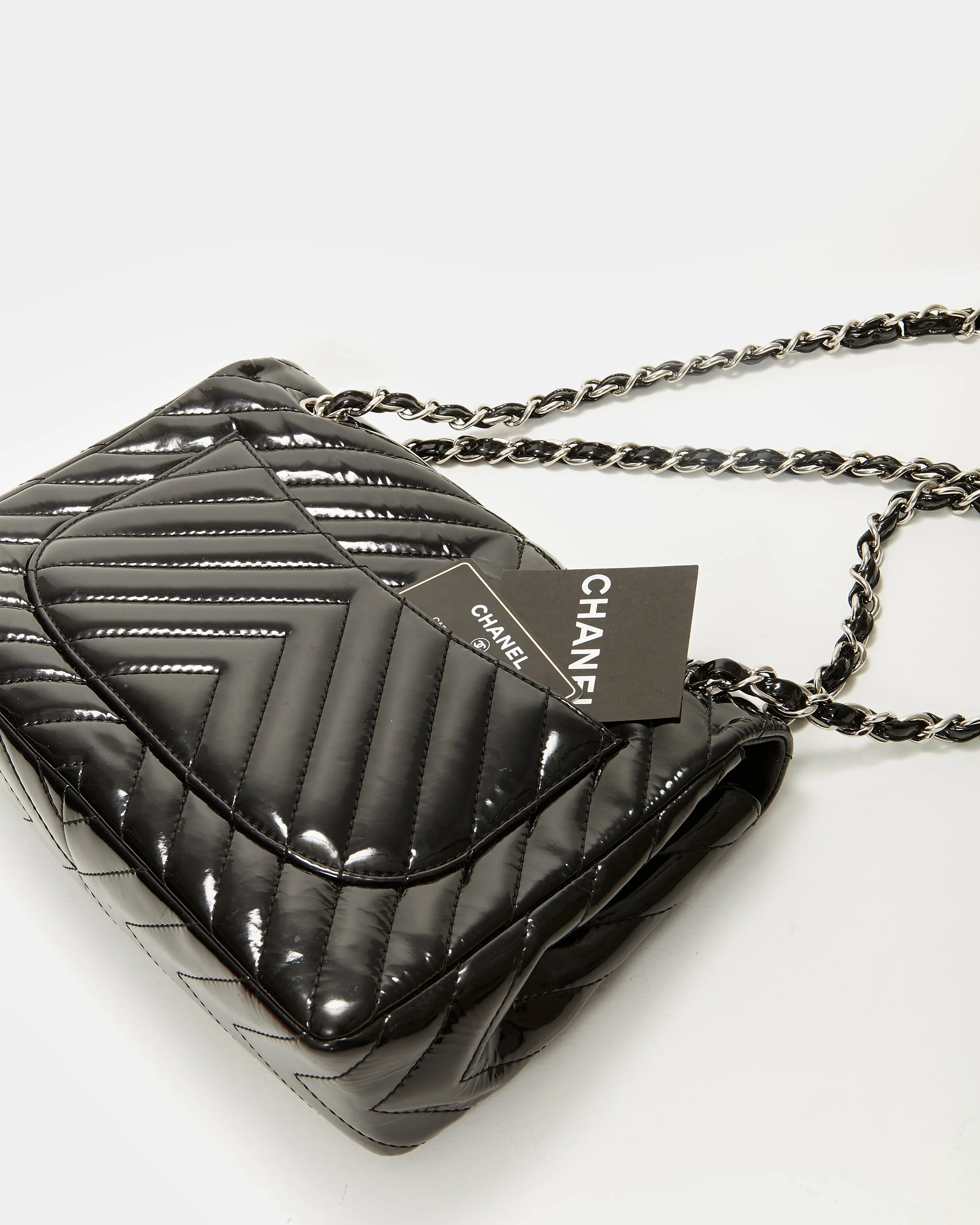 Chanel Black Patent Leather Chevron Jumbo Single Flap Bag