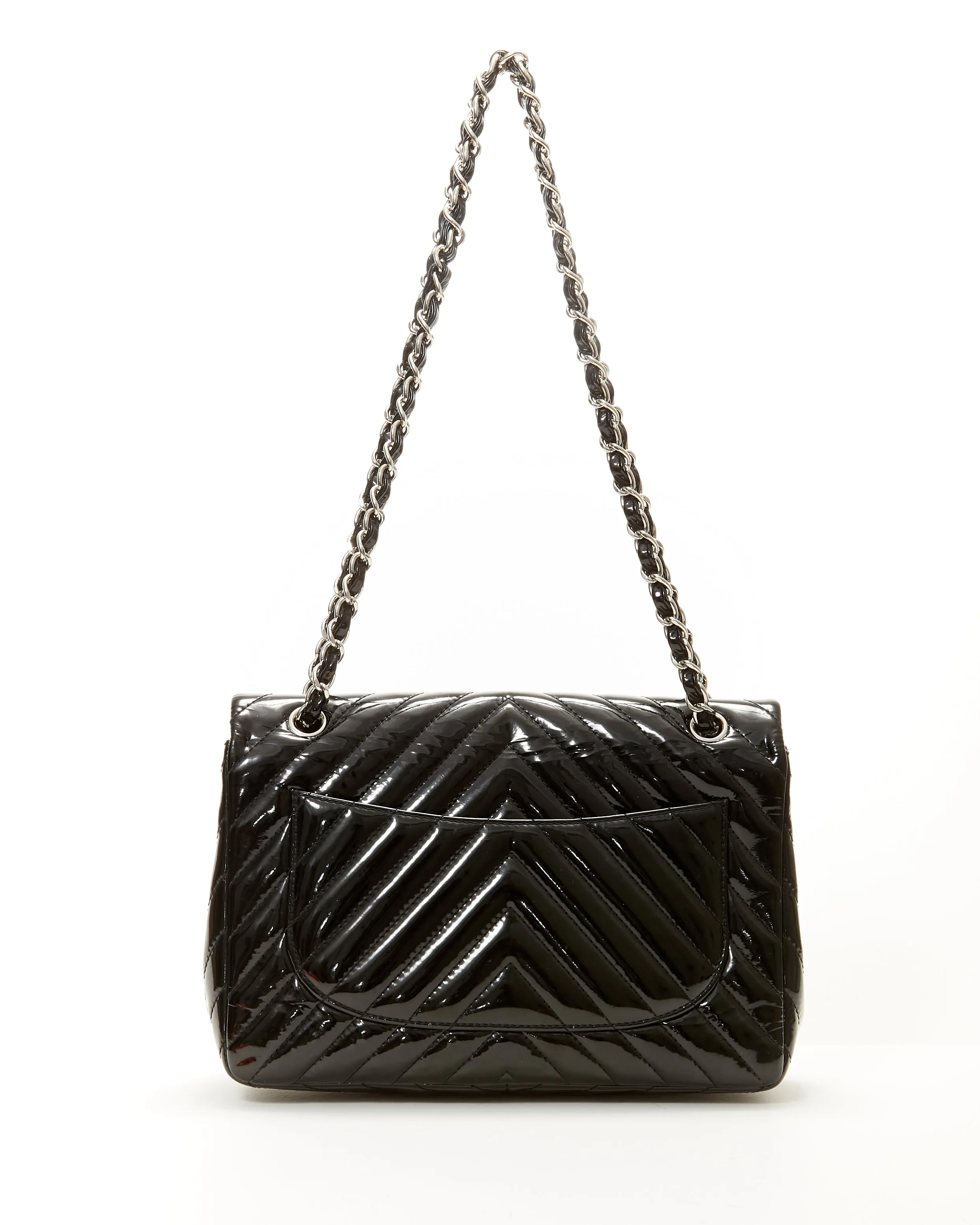 Chanel Black Patent Leather Chevron Jumbo Single Flap Bag
