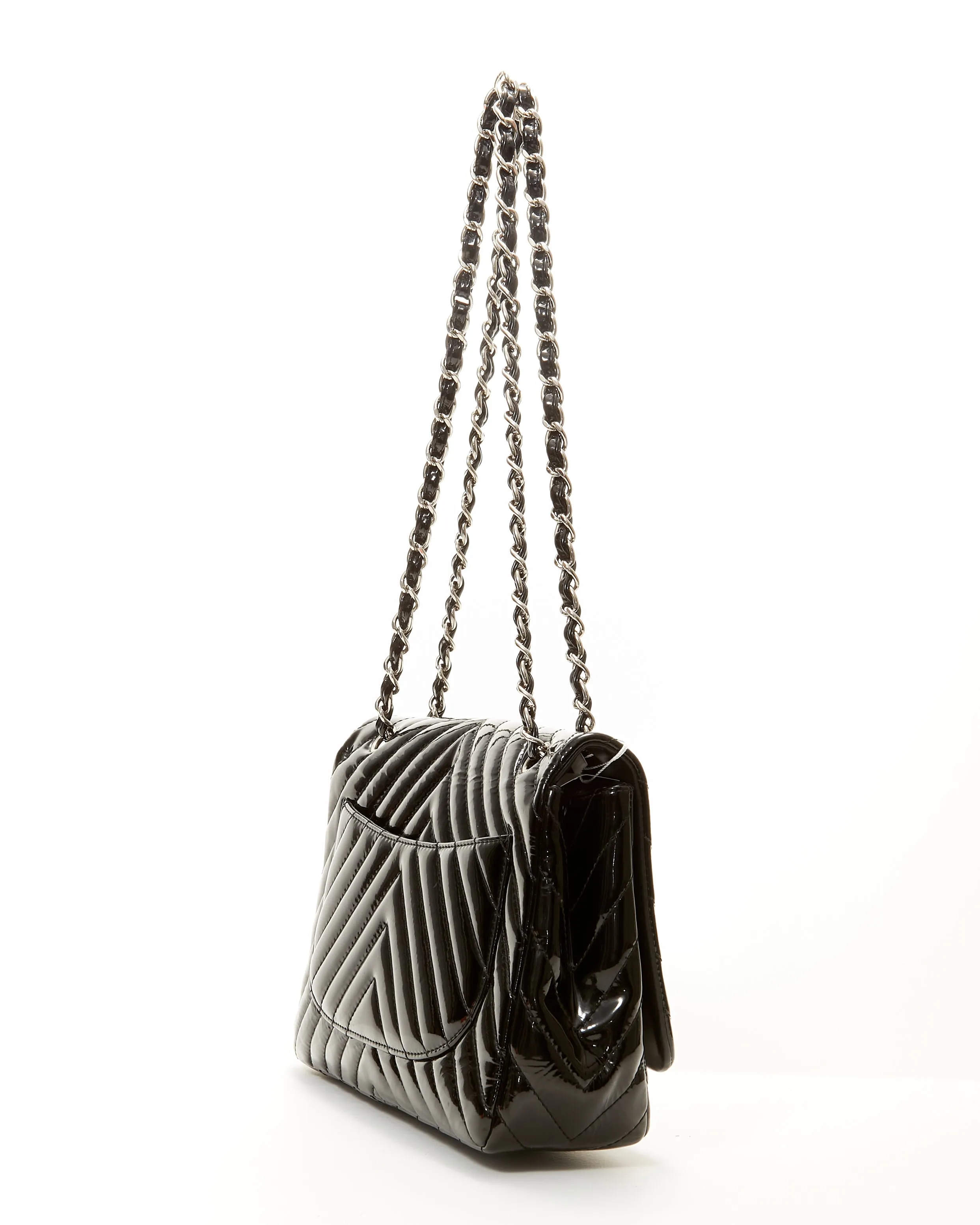 Chanel Black Patent Leather Chevron Jumbo Single Flap Bag