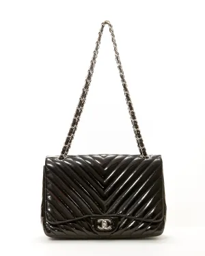 Chanel Black Patent Leather Chevron Jumbo Single Flap Bag