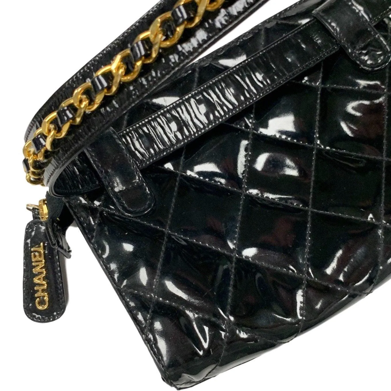 Chanel Black Patent Leather Quilted Belt Bag