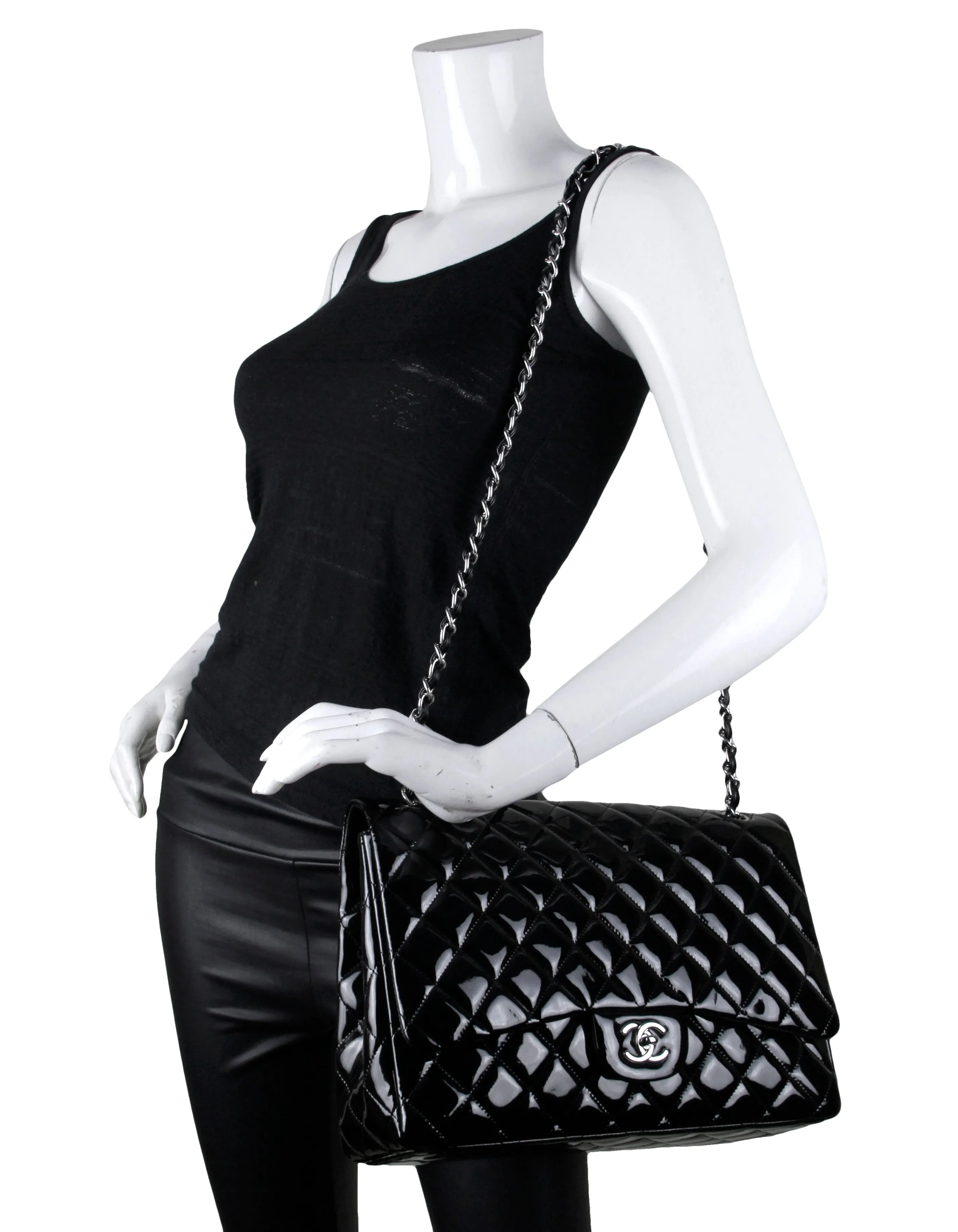Chanel Black Patent Leather Single Flap Maxi Bag