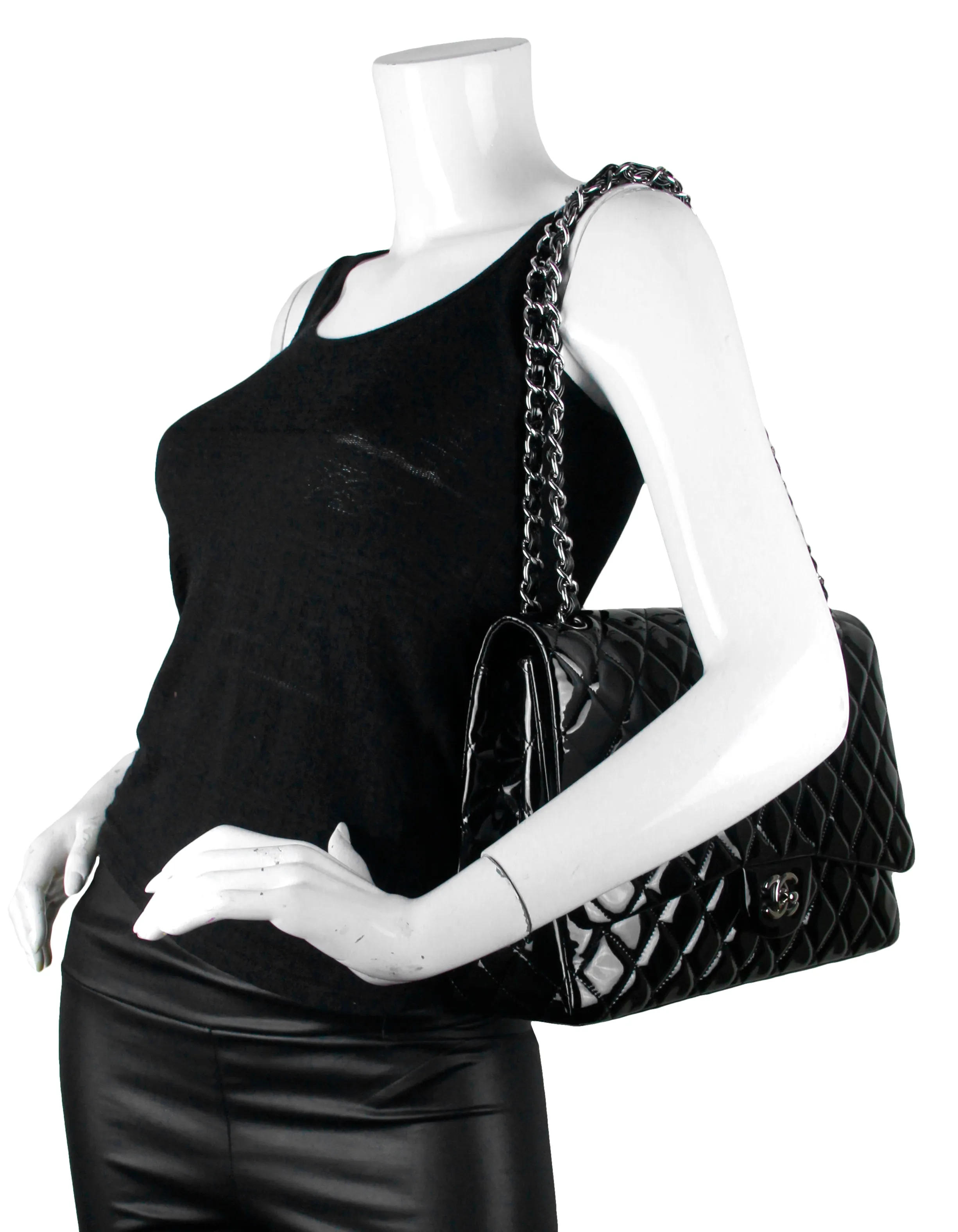 Chanel Black Patent Leather Single Flap Maxi Bag