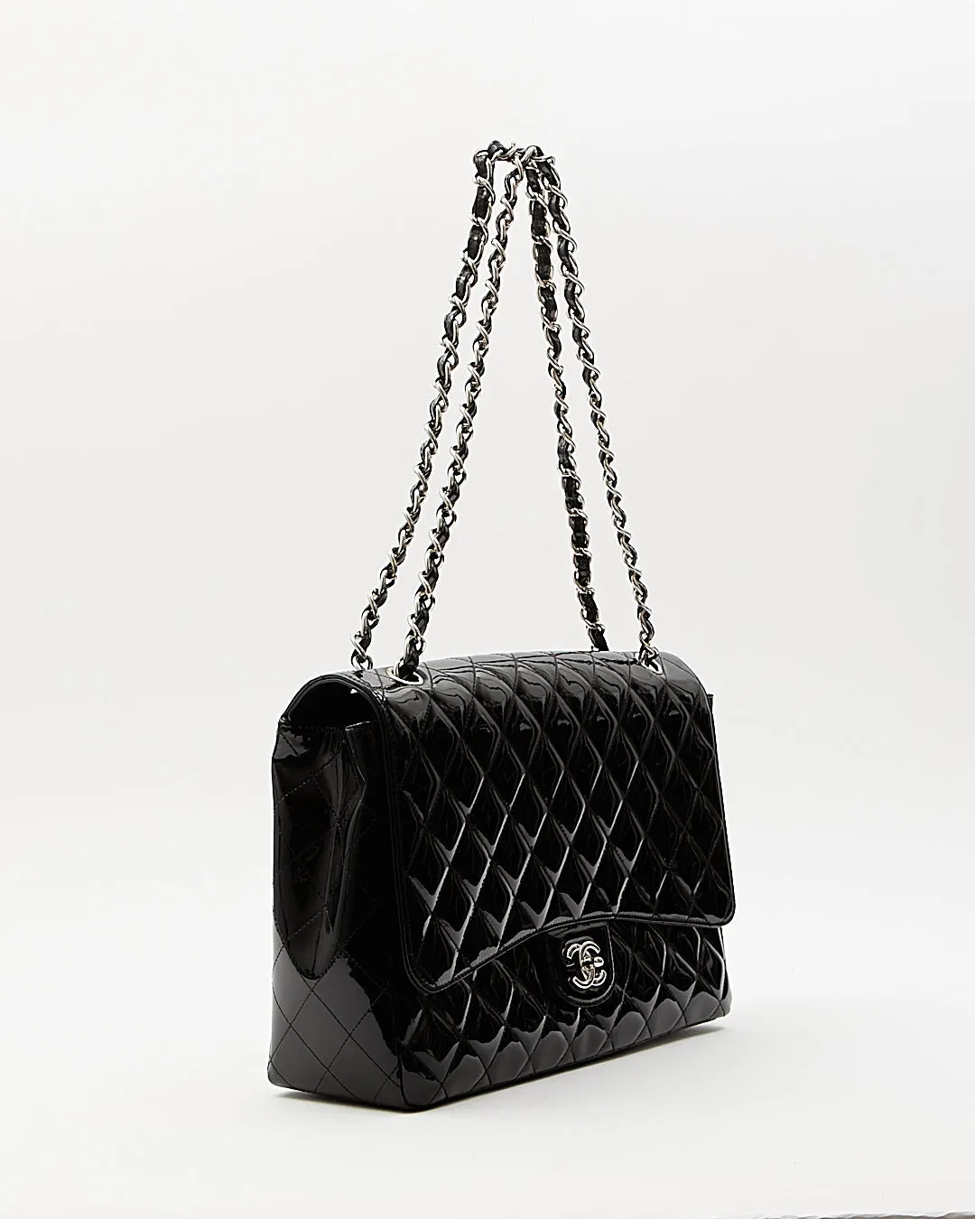 Chanel Black Patent Quilted Classic Single Flap Maxi Chain Bag