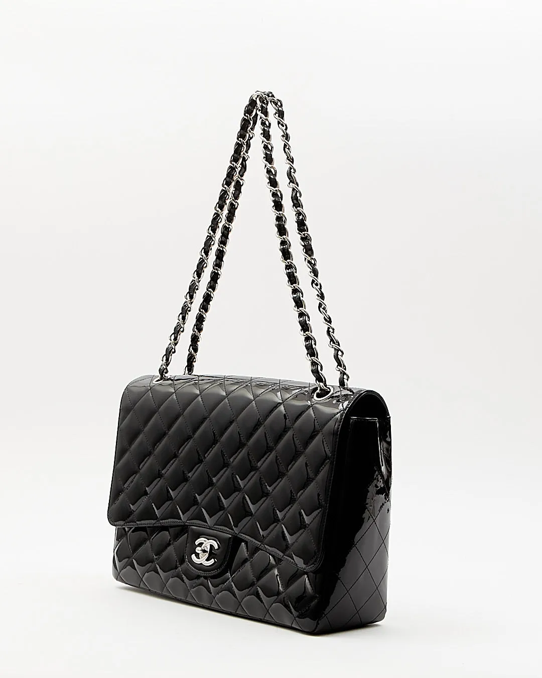 Chanel Black Patent Quilted Classic Single Flap Maxi Chain Bag