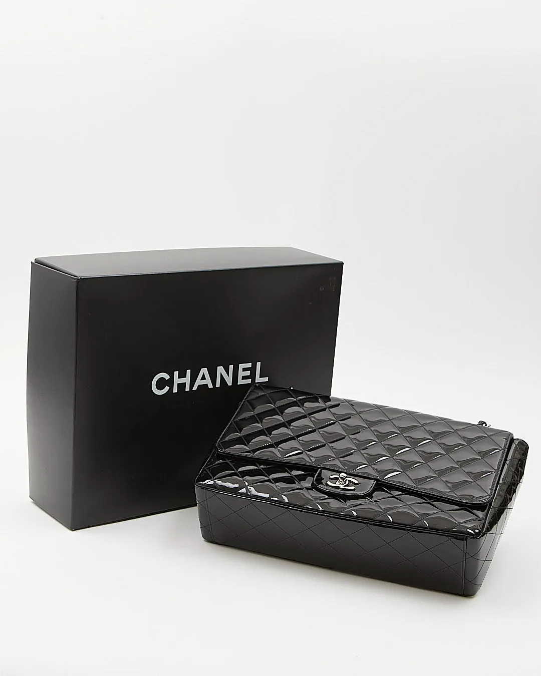 Chanel Black Patent Quilted Classic Single Flap Maxi Chain Bag